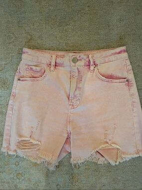 High-Rise Pink Distressed Denim Shorts